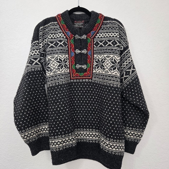 Vintage Norwool of‎ Norway M Pure Wool Fair Isle Nordic Sweater Button Clasp